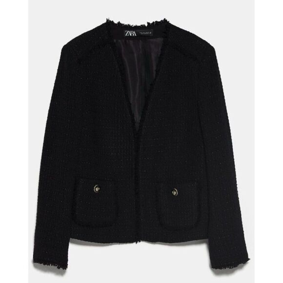 Zara Jackets & Blazers - Zara Women's Black Tweed Blazer with Golden Decorative Buttons Small